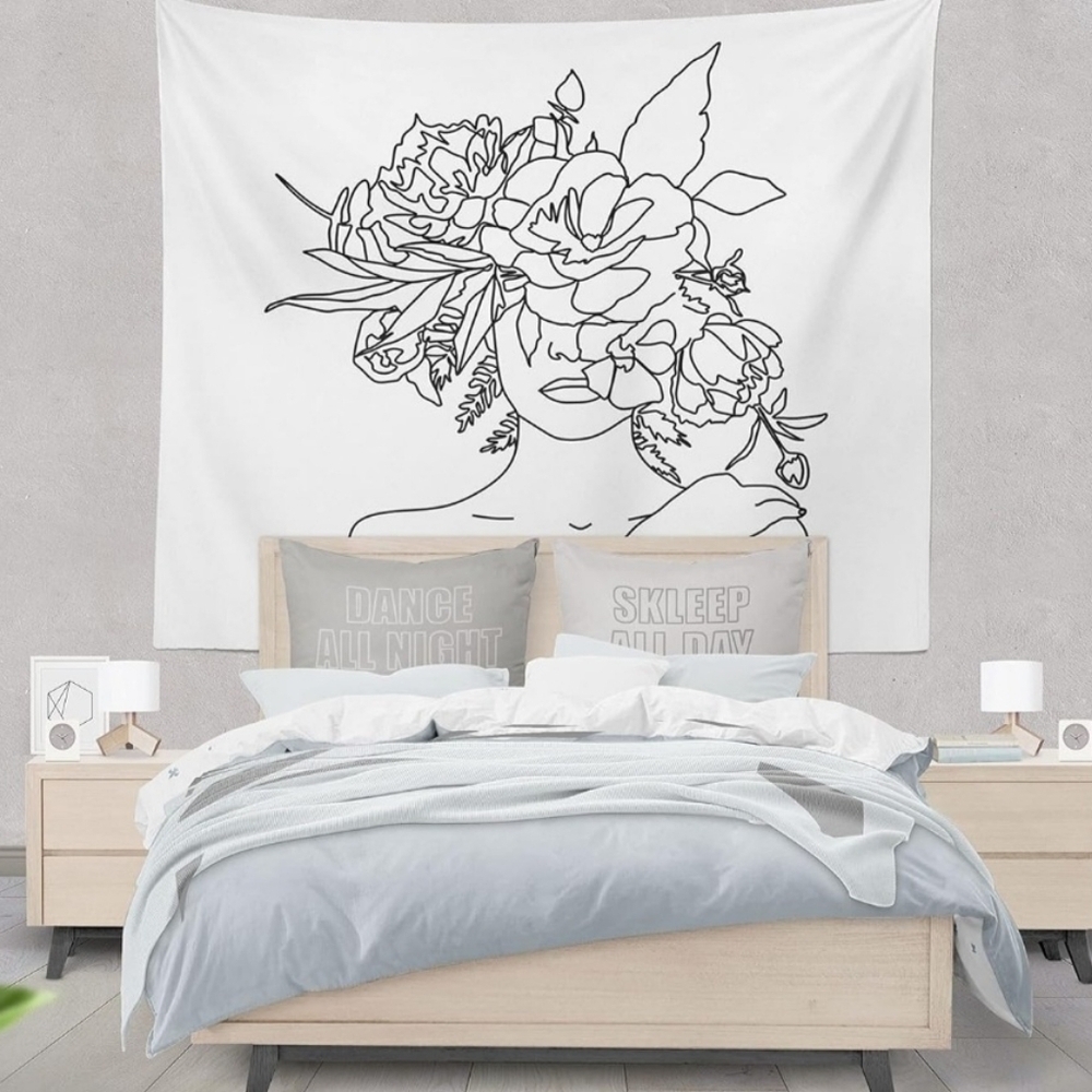 NWT Black & White Floral Woman Line Art Tapestry
